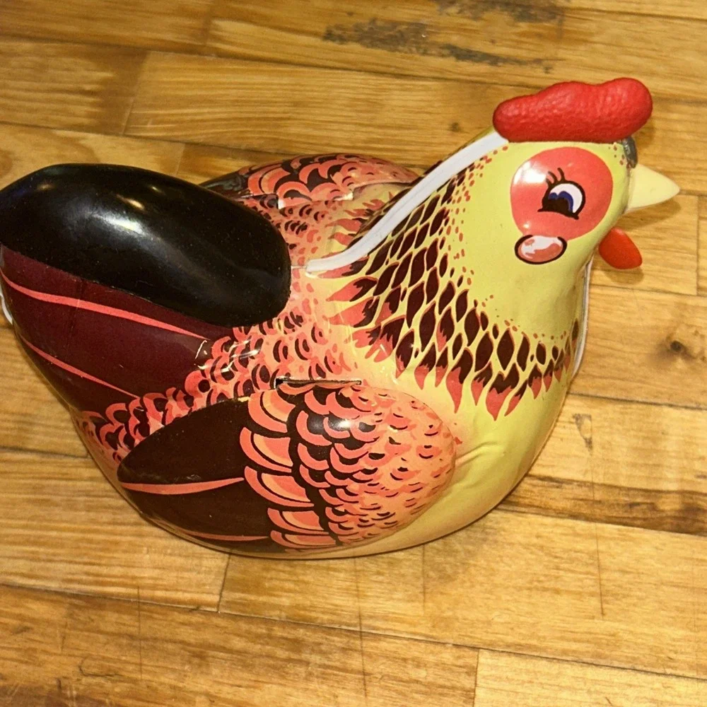 Vintage Tin Toy Hen Chicken Laying Eggs w/8 eggs